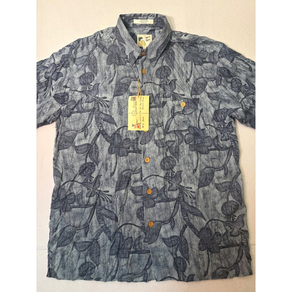 VTG M.E. Sport NWT Hawaiian Rayon Shirt L Blue Floral Coconut Buttons Deadstock